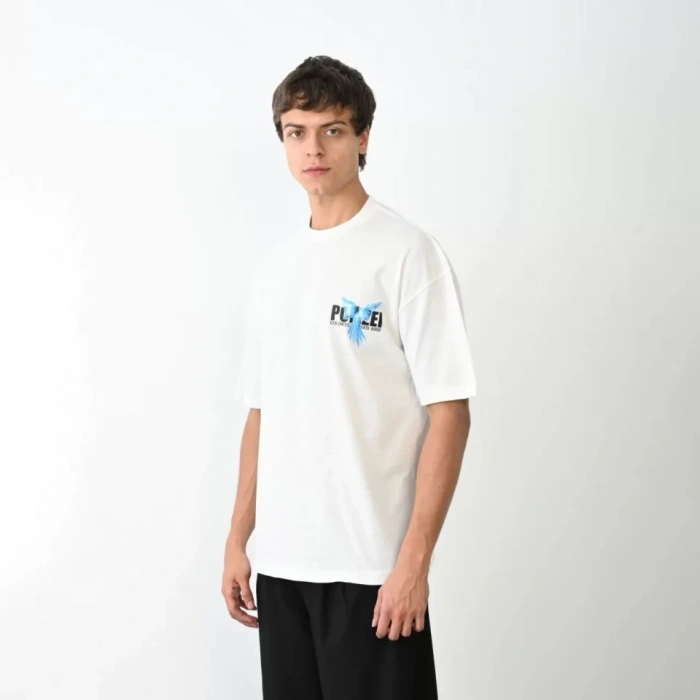 Unisex Bisiklet Yaka Baskılı Oversize Thirt  Beyaz