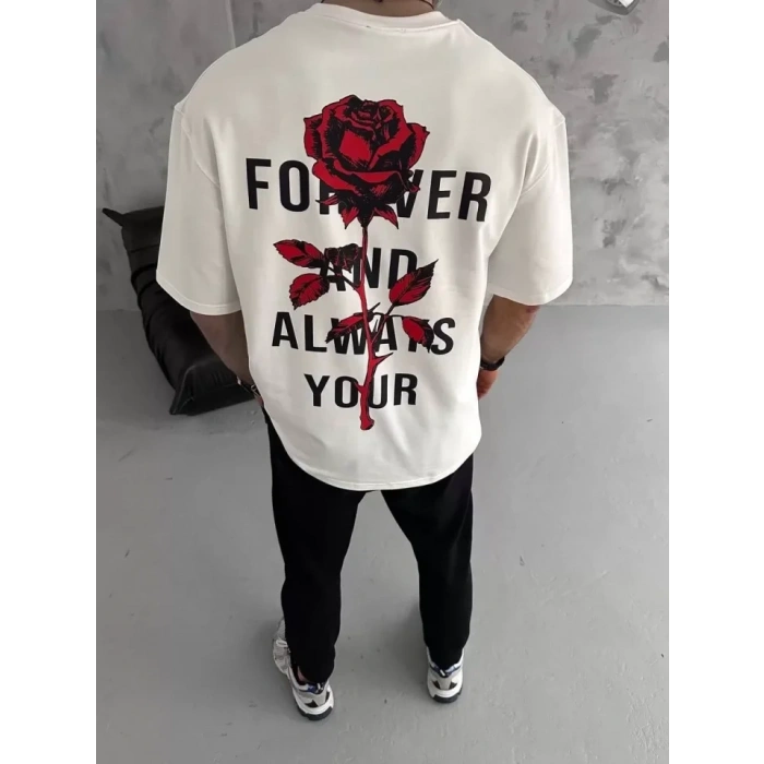 Unisex Bisiklet Yaka Baskılı Oversize Thirt  Beyaz