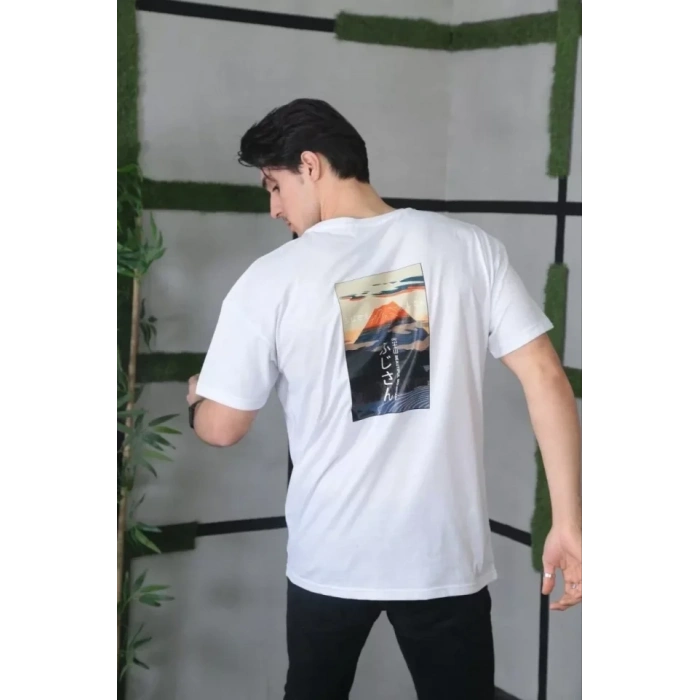 Unisex Bisiklet Yaka Baskılı Oversize Thirt  Beyaz