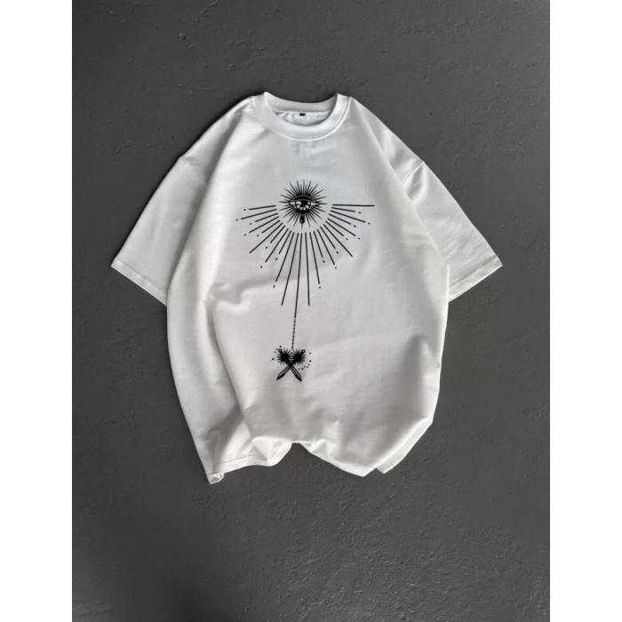 Unisex Bisiklet Yaka Baskılı Oversize Thirt  Beyaz
