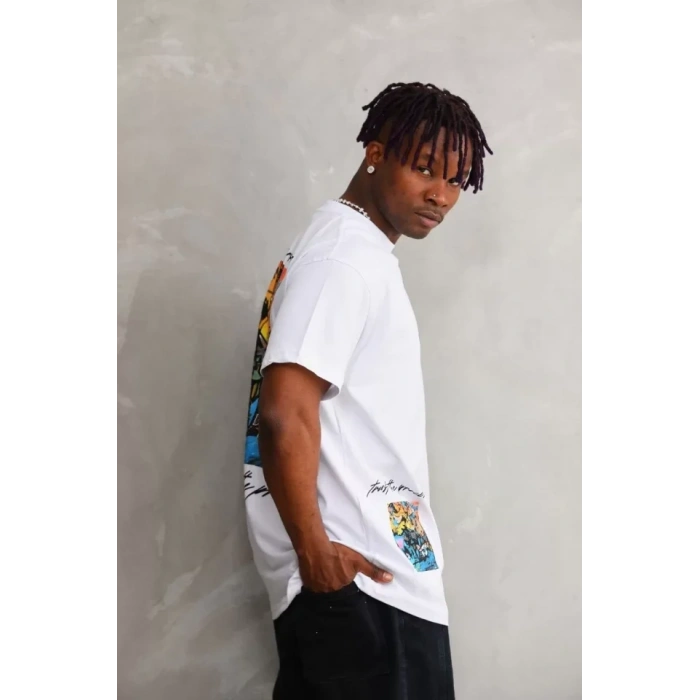 Unisex Bisiklet Yaka Baskılı Oversize Thirt  Beyaz