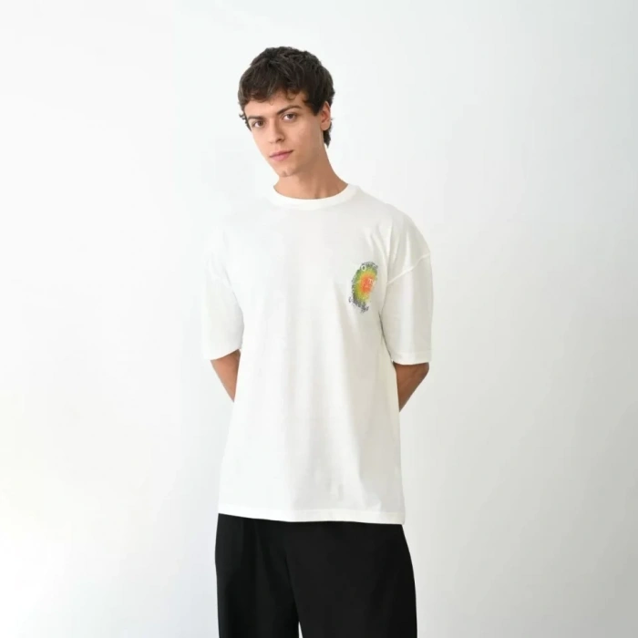 Unisex Bisiklet Yaka Baskılı Oversize Thirt  Beyaz