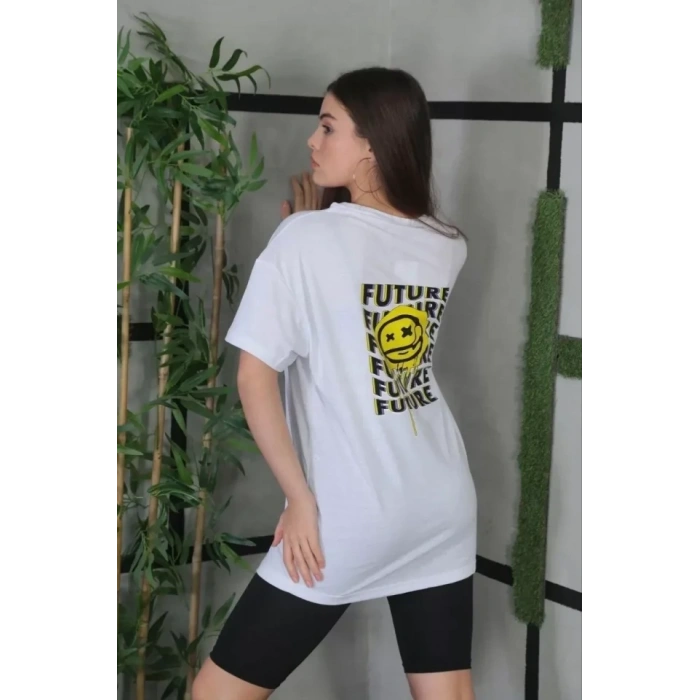 Unisex Bisiklet Yaka Baskılı Oversize Thirt  Beyaz