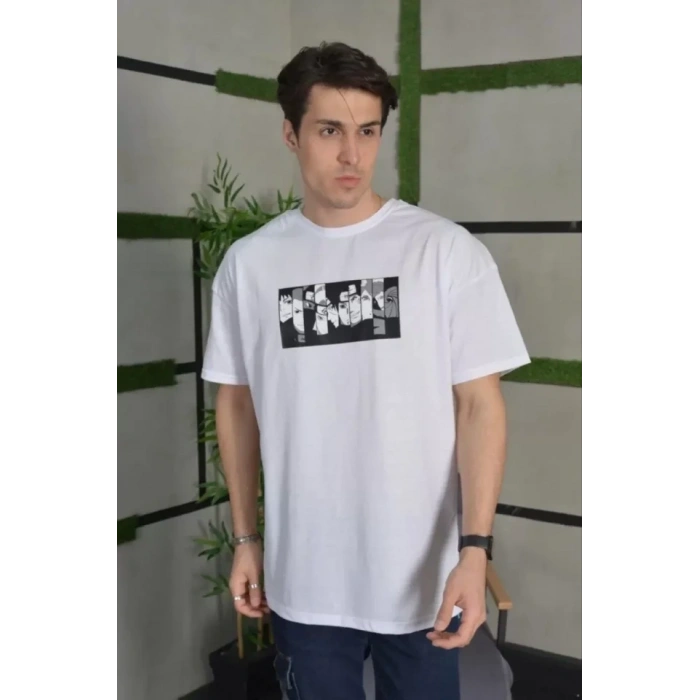 Unisex Bisiklet Yaka Baskılı Oversize Thirt  Beyaz