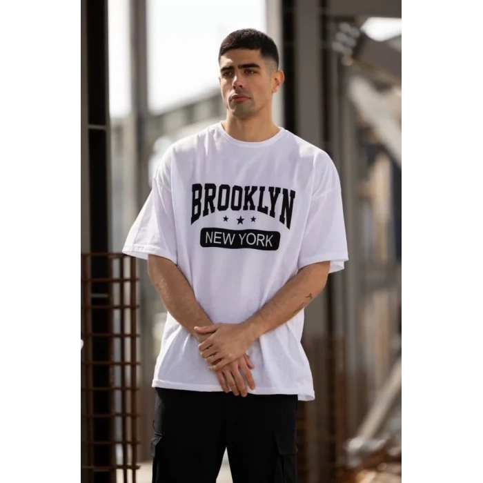 Unisex Bisiklet Yaka Baskılı Oversize Thirt  Beyaz