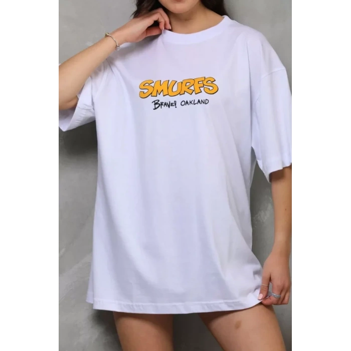 Unisex Bisiklet Yaka Baskılı Oversize Thirt  Beyaz