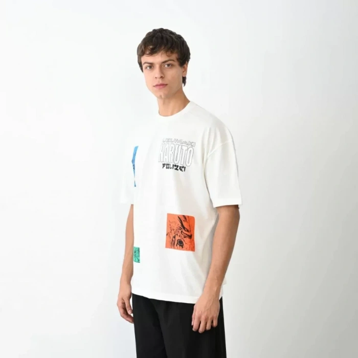 Unisex Bisiklet Yaka Baskılı Oversize Thirt  Beyaz