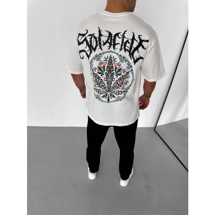 Unisex Bisiklet Yaka Baskılı Oversize Thirt  Beyaz