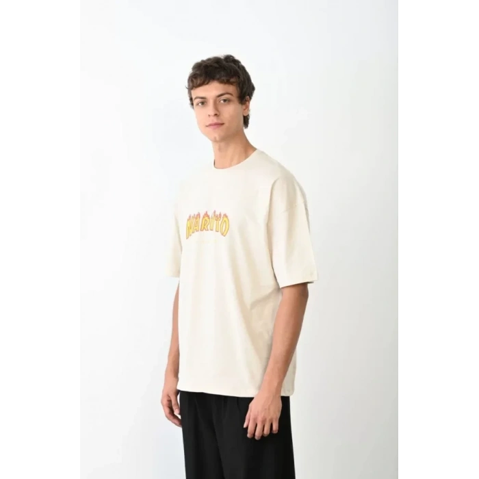 Unisex Bisiklet Yaka Baskılı Oversize Thirt  Beyaz