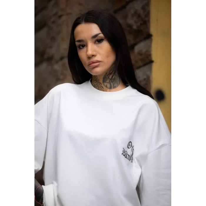 Unisex Bisiklet Yaka Baskılı Oversize Thirt  Beyaz