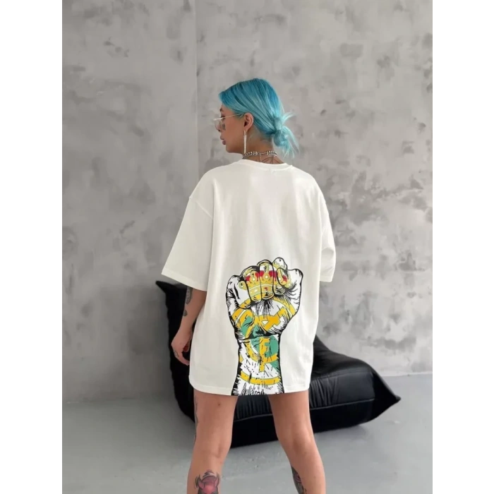 Unisex Bisiklet Yaka Baskılı Oversize Thirt  Beyaz
