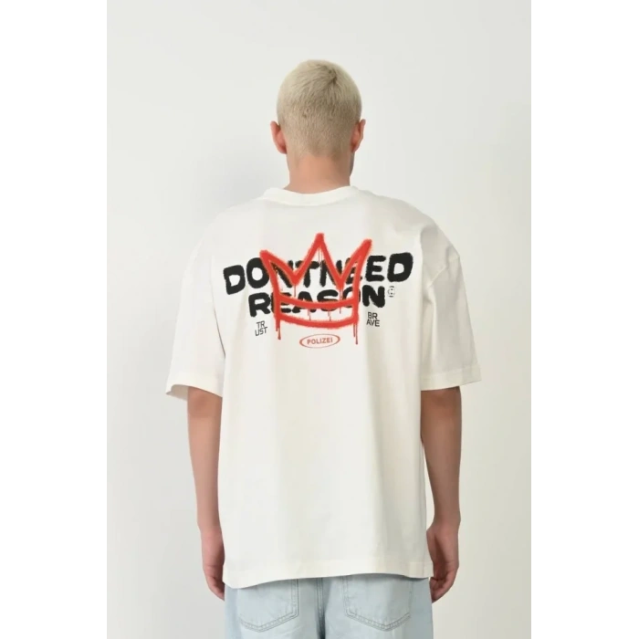 Unisex Bisiklet Yaka Baskılı Oversize Thirt  Beyaz