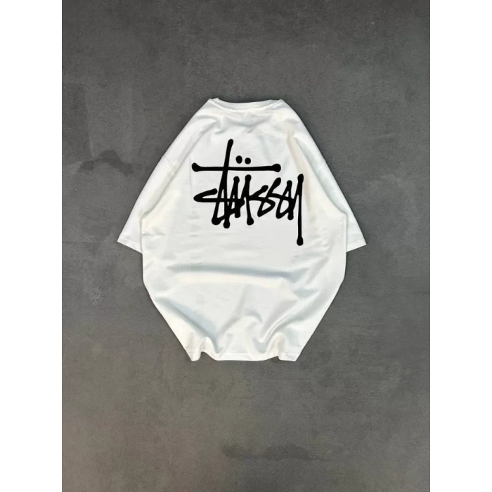 Unisex Bisiklet Yaka Baskılı Oversize Thirt  Beyaz