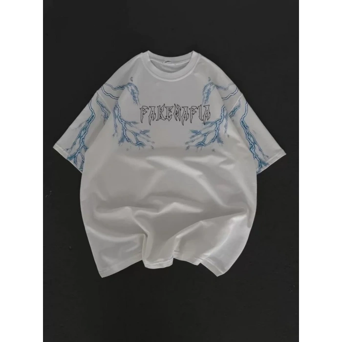 Unisex Bisiklet Yaka Baskılı Oversize Thirt  Beyaz