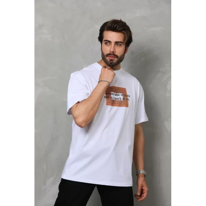 Unisex Bisiklet Yaka Baskılı Oversize Thirt  Beyaz