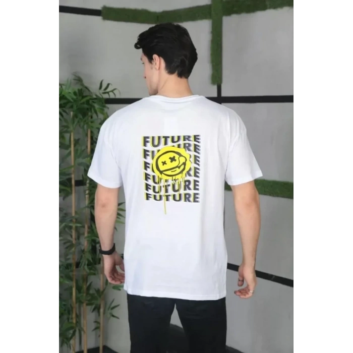 Unisex Bisiklet Yaka Baskılı Oversize Thirt  Beyaz