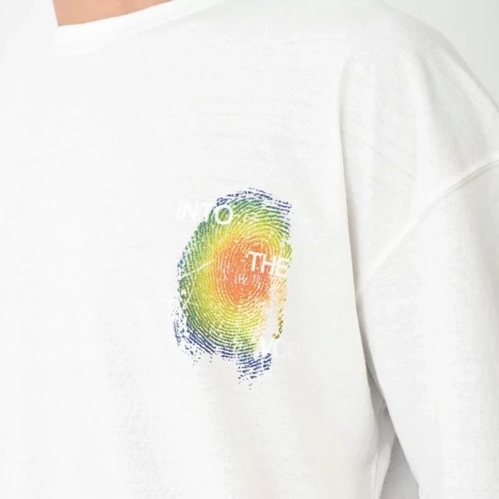 Unisex Bisiklet Yaka Baskılı Oversize Thirt  Beyaz