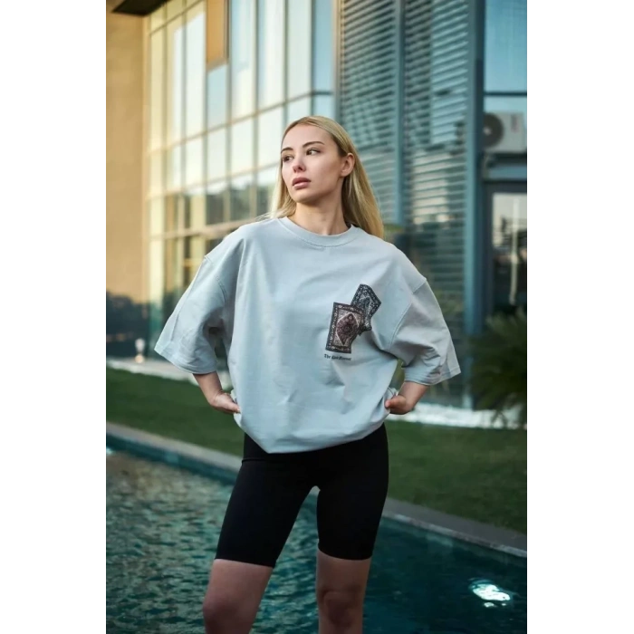 Unisex Bisiklet Yaka Baskılı Oversize Thirt  Boyalı Gri