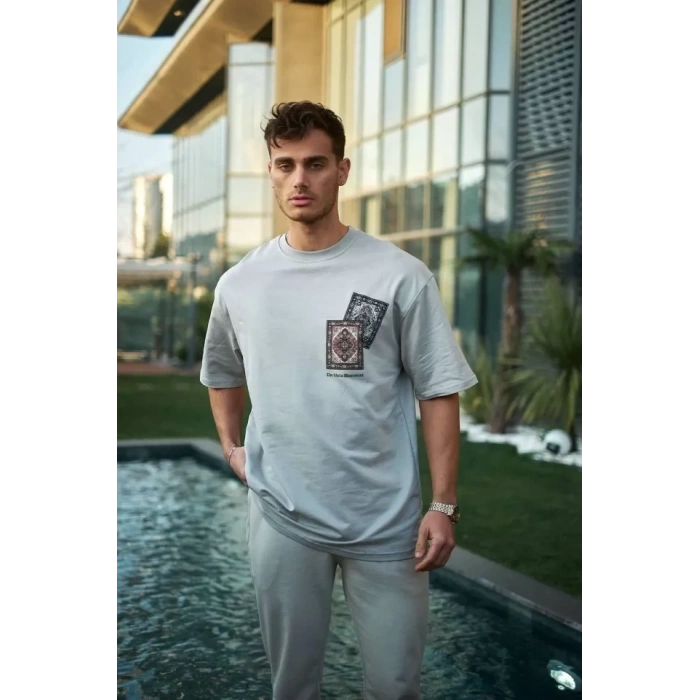 Unisex Bisiklet Yaka Baskılı Oversize Thirt  Boyalı Gri