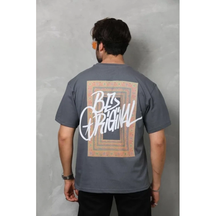 Unisex Bisiklet Yaka Baskılı Oversize Thirt  Füme