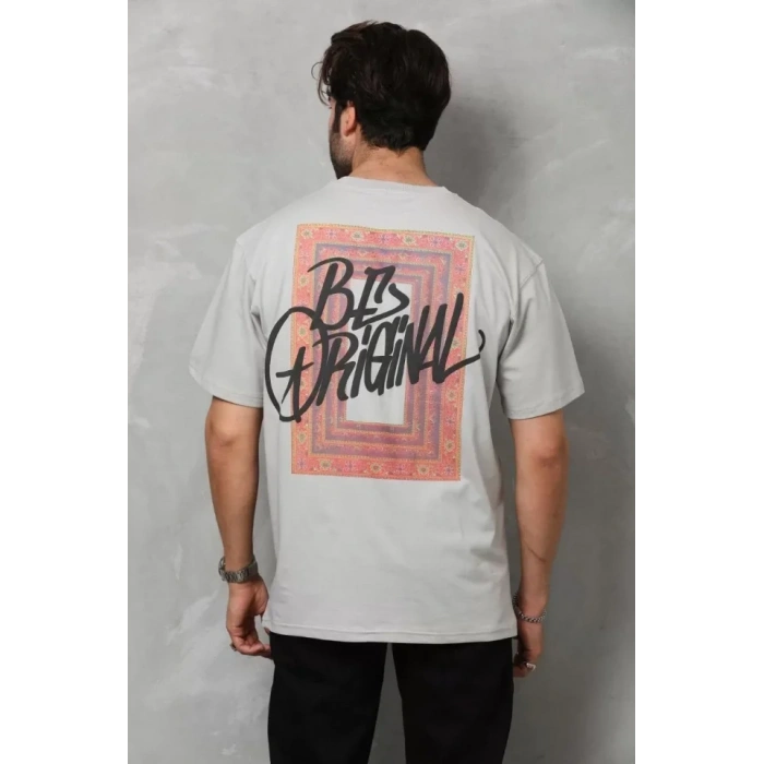 Unisex Bisiklet Yaka Baskılı Oversize Thirt  Gri