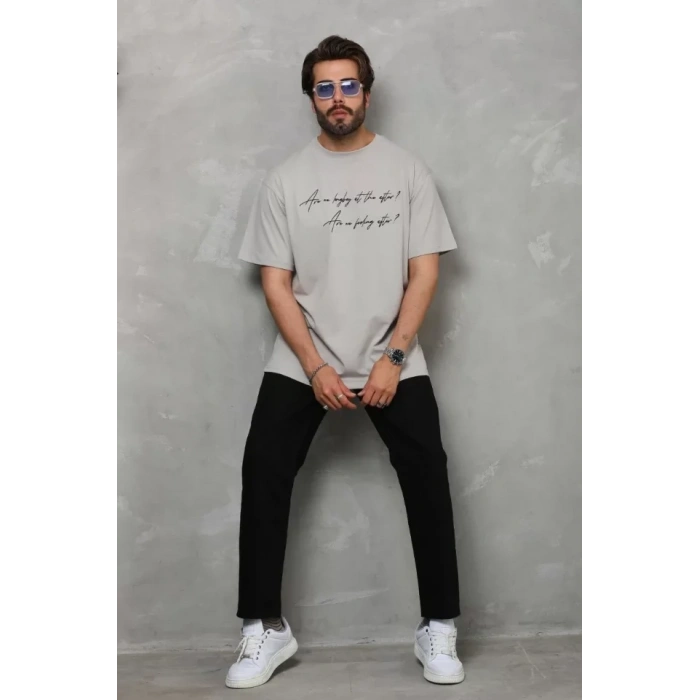 Unisex Bisiklet Yaka Baskılı Oversize Thirt  Gri