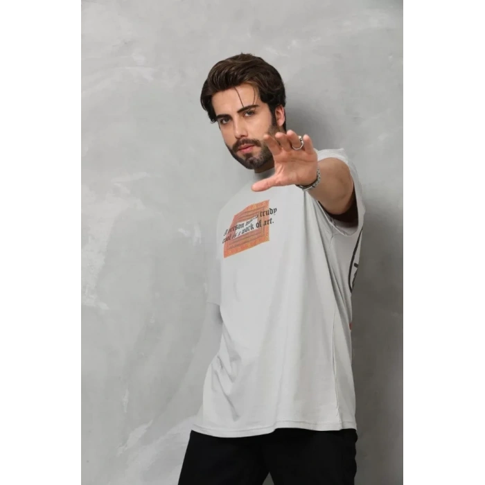 Unisex Bisiklet Yaka Baskılı Oversize Thirt  Gri