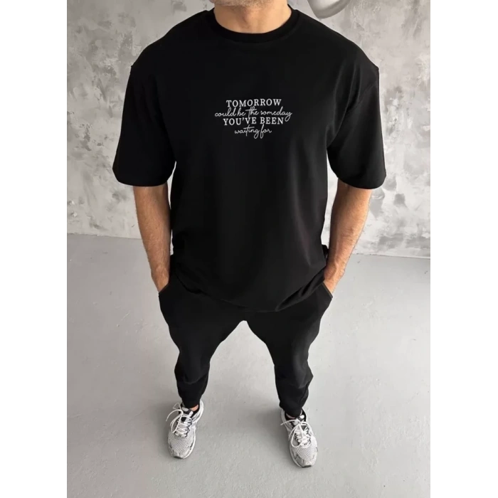 Unisex Bisiklet Yaka Baskılı Oversize Thirt  iyah