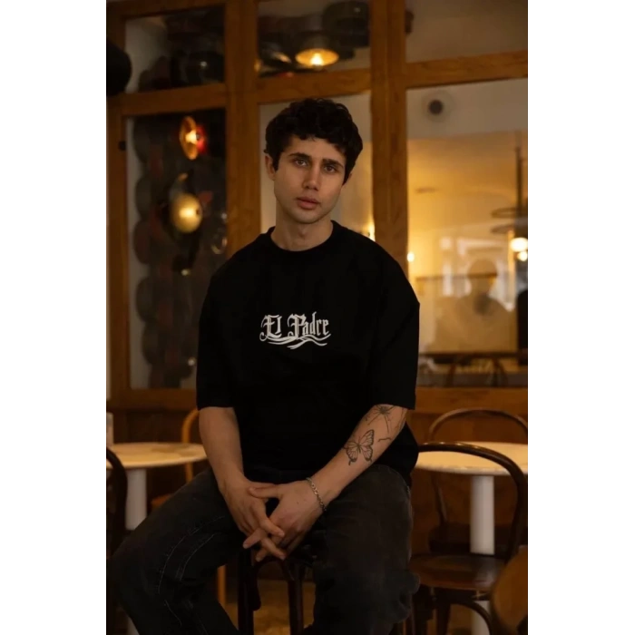 Unisex Bisiklet Yaka Baskılı Oversize Thirt  iyah