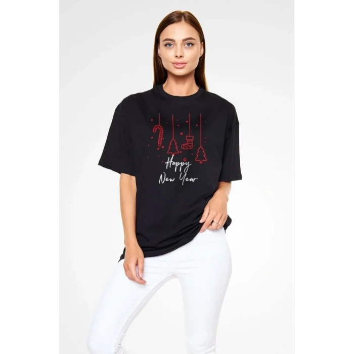 Unisex Bisiklet Yaka Baskılı Oversize Thirt  iyah