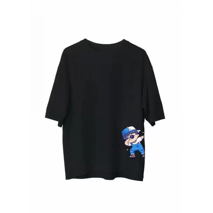 Unisex Bisiklet Yaka Baskılı Oversize Thirt  iyah