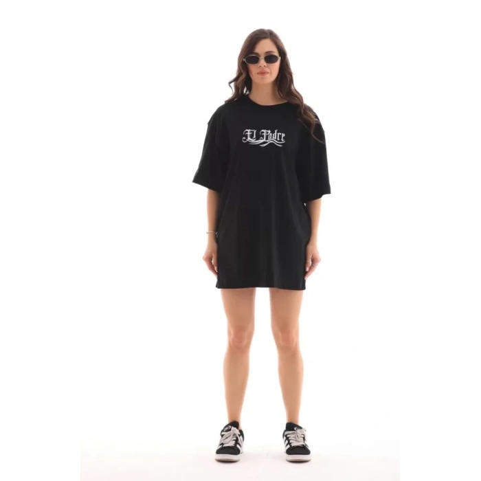 Unisex Bisiklet Yaka Baskılı Oversize Thirt  iyah