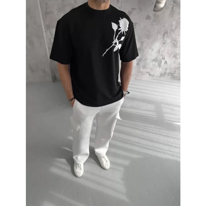 Unisex Bisiklet Yaka Baskılı Oversize Thirt  iyah