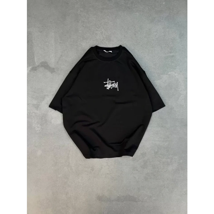 Unisex Bisiklet Yaka Baskılı Oversize Thirt  iyah