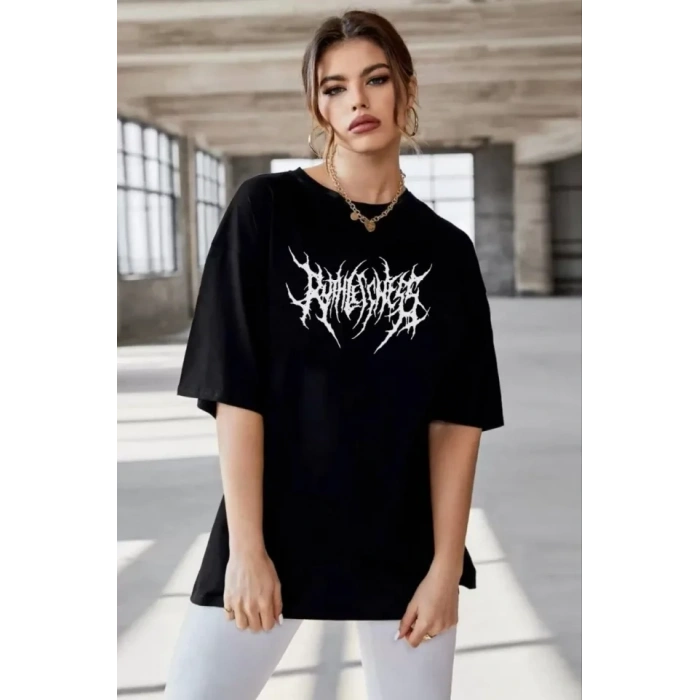 Unisex Bisiklet Yaka Baskılı Oversize Thirt  iyah