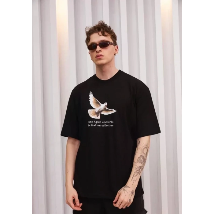 Unisex Bisiklet Yaka Baskılı Oversize Thirt  iyah