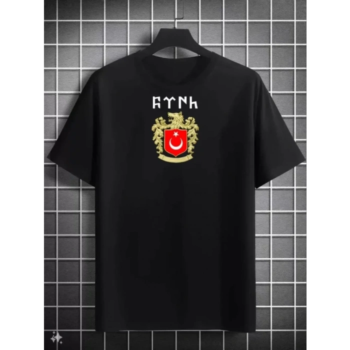 Unisex Bisiklet Yaka Baskılı Oversize Thirt  iyah