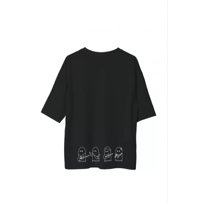 Unisex Bisiklet Yaka Baskılı Oversize Thirt  iyah