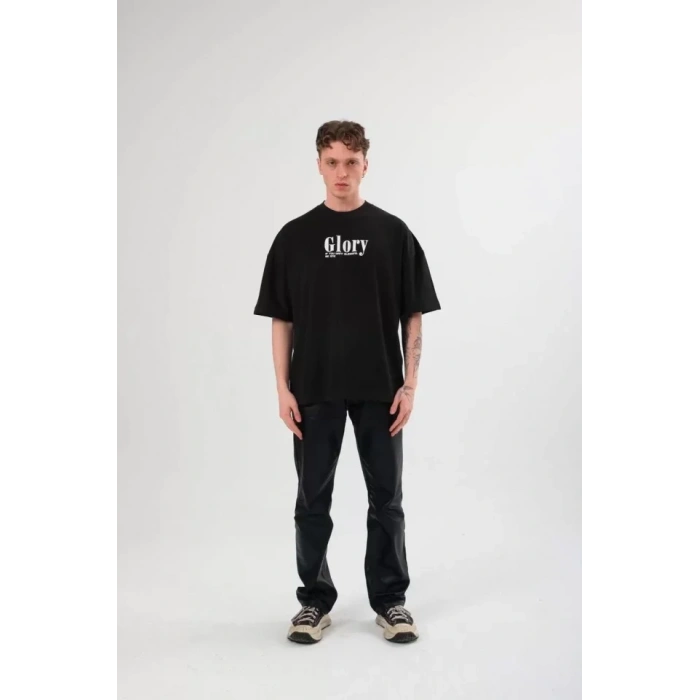 Unisex Bisiklet Yaka Baskılı Oversize Thirt  iyah