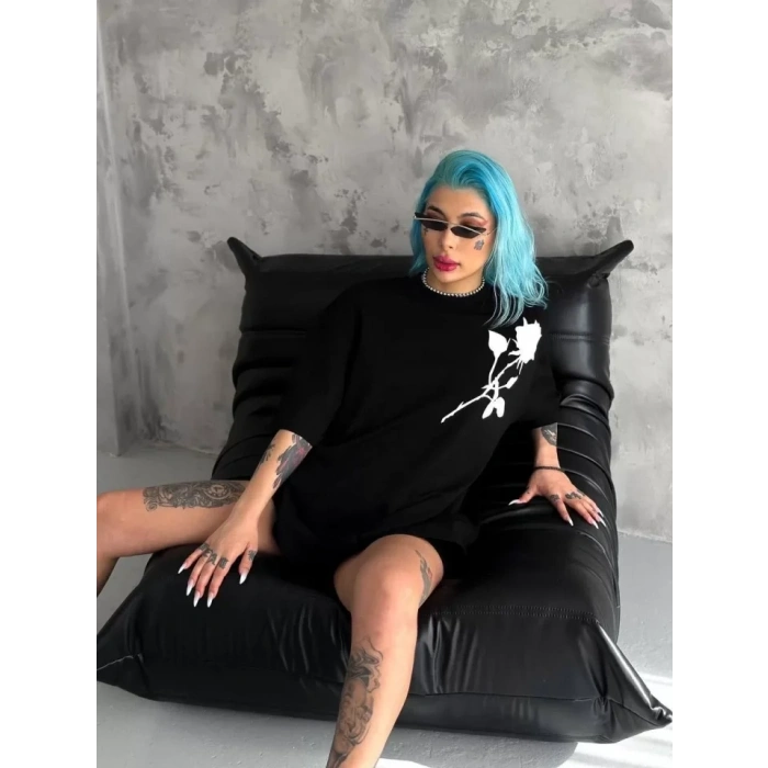 Unisex Bisiklet Yaka Baskılı Oversize Thirt  iyah