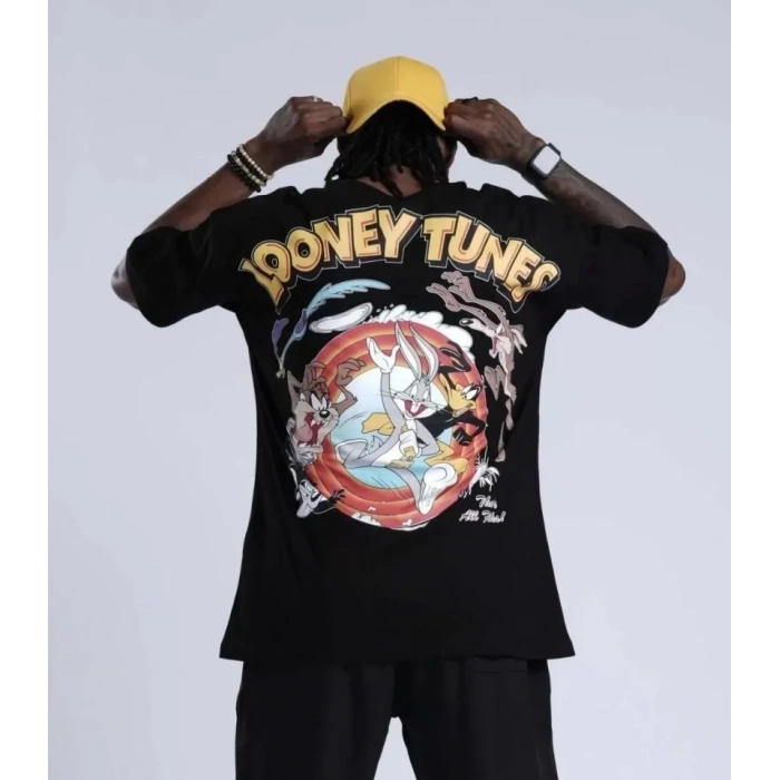 Unisex Bisiklet Yaka Baskılı Oversize Thirt  iyah