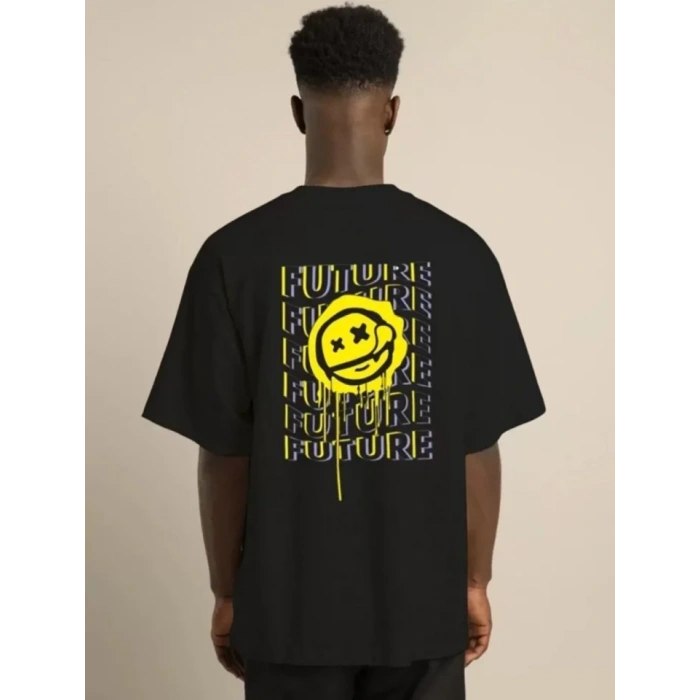 Unisex Bisiklet Yaka Baskılı Oversize Thirt  iyah