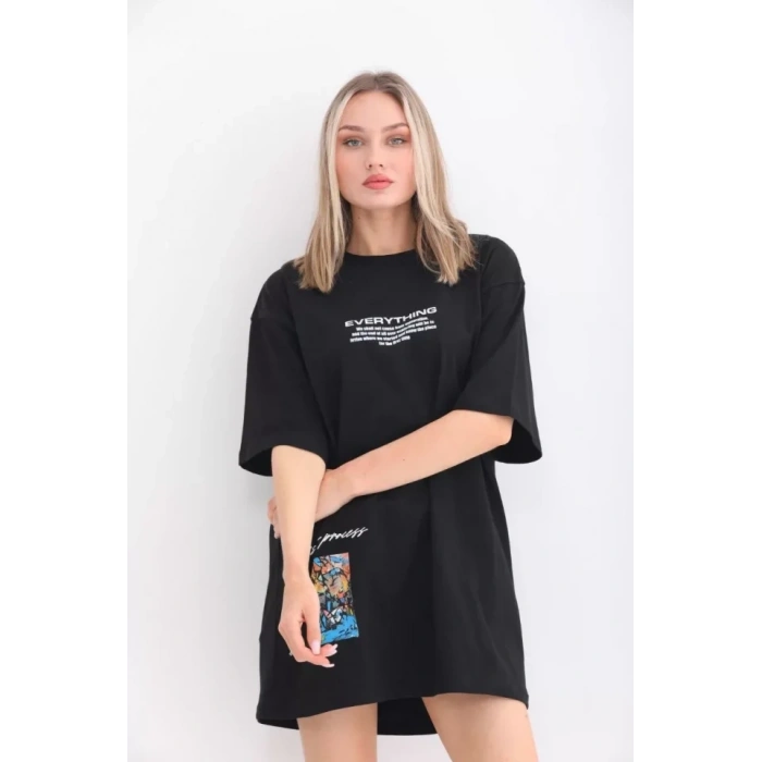 Unisex Bisiklet Yaka Baskılı Oversize Thirt  iyah