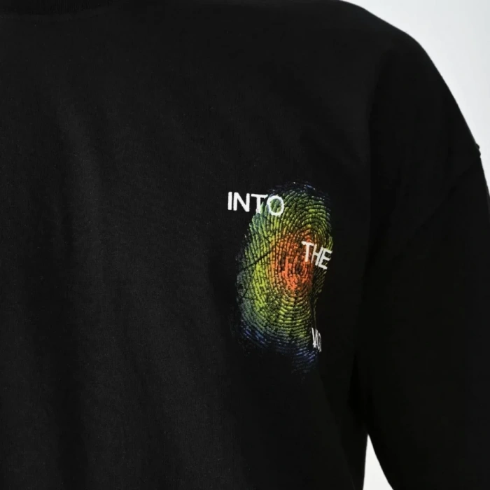 Unisex Bisiklet Yaka Baskılı Oversize Thirt  iyah