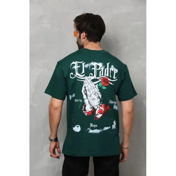 Unisex Bisiklet Yaka Baskılı Oversize Thirt  Yeşil