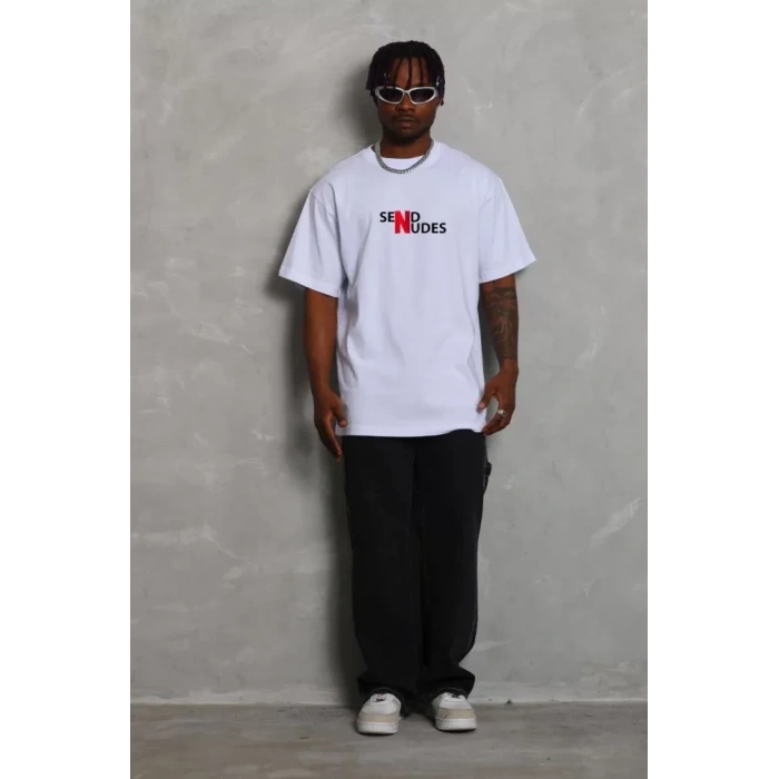 Unisex Bisiklet Yaka Double Oversize Baskılı Thirt  Beyaz