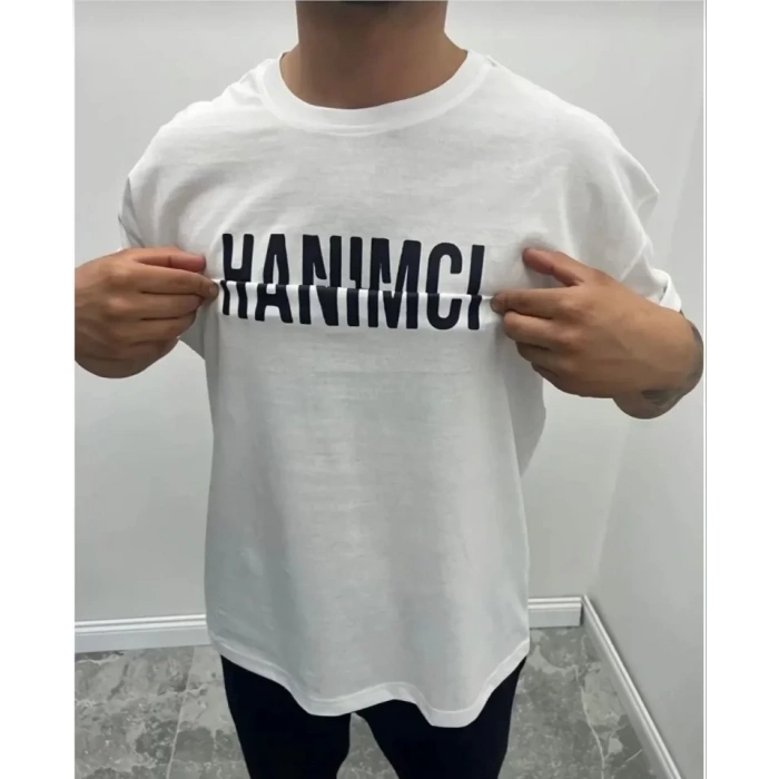 Unisex Bisiklet Yaka Katlanan Baskılı Thirt  Beyaz