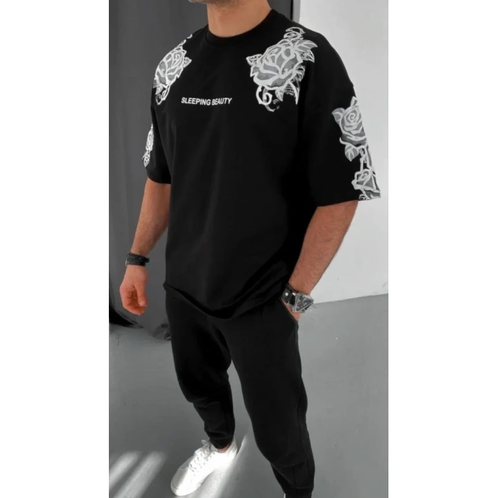 Unisex Flok Kabartma Baskılı Thirt  iyah