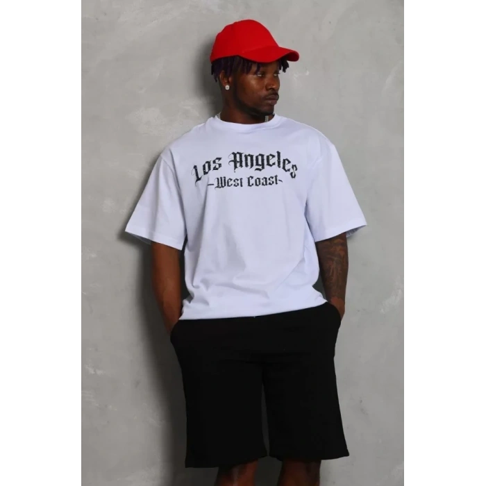 Unisex Oversize Baskılı Bisiklet Yaka Thirt  Beyaz