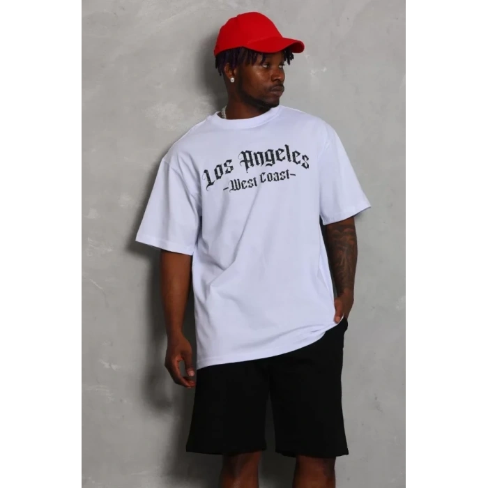 Unisex Oversize Baskılı Bisiklet Yaka Thirt  Beyaz